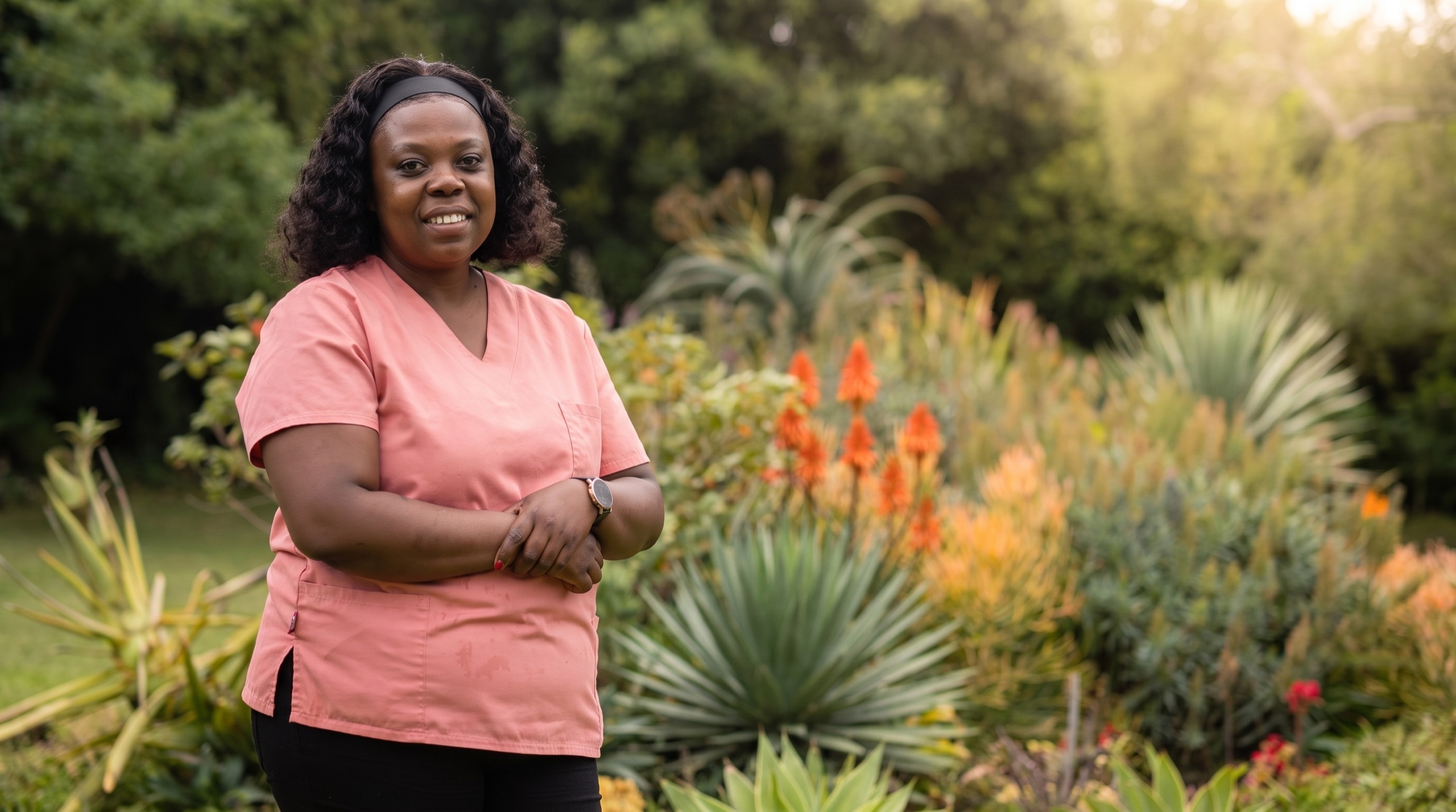 Yvonne smiling in coral scrubs in a Cape Town garden