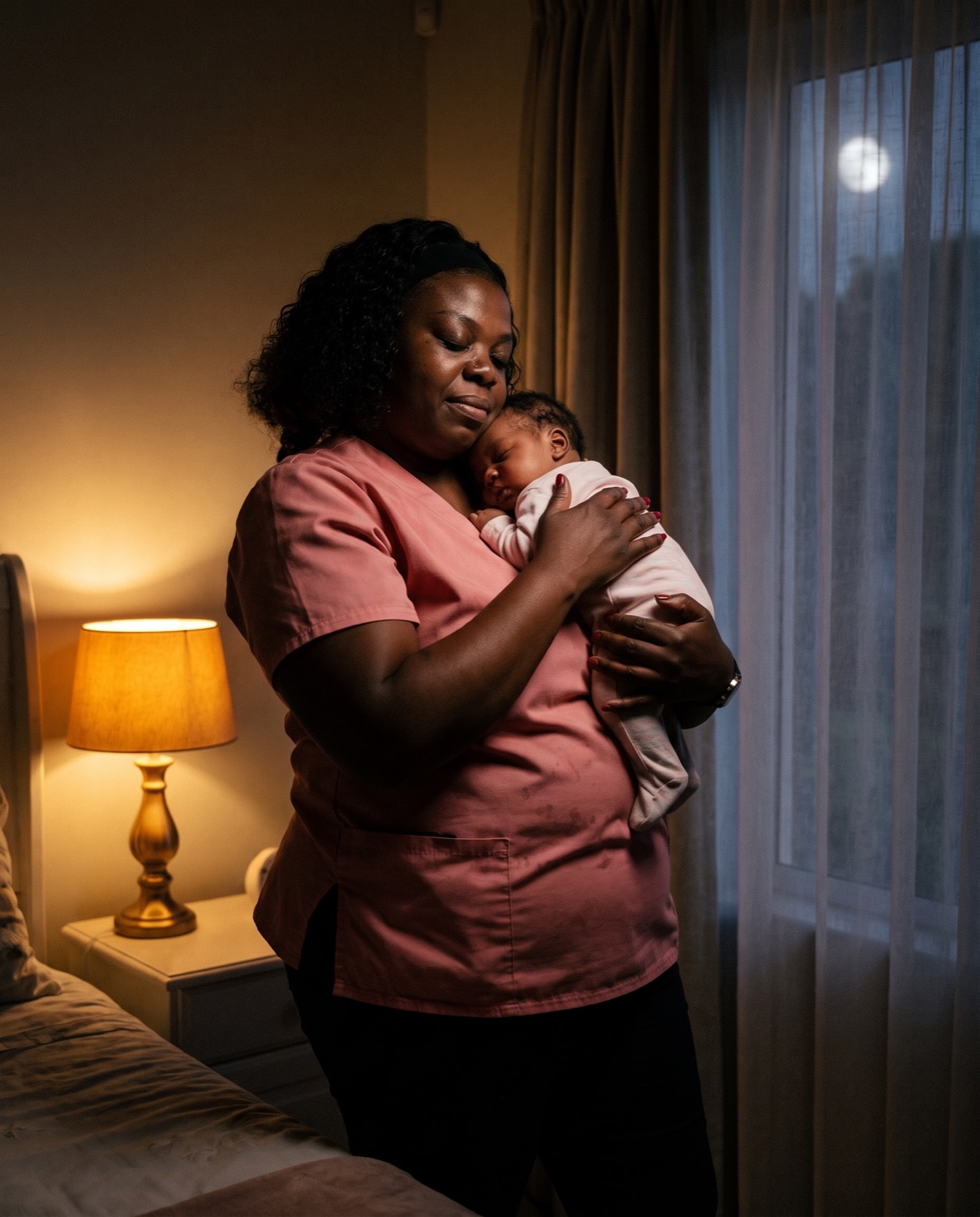 Yvonne holding a sleeping newborn by lamplight at night